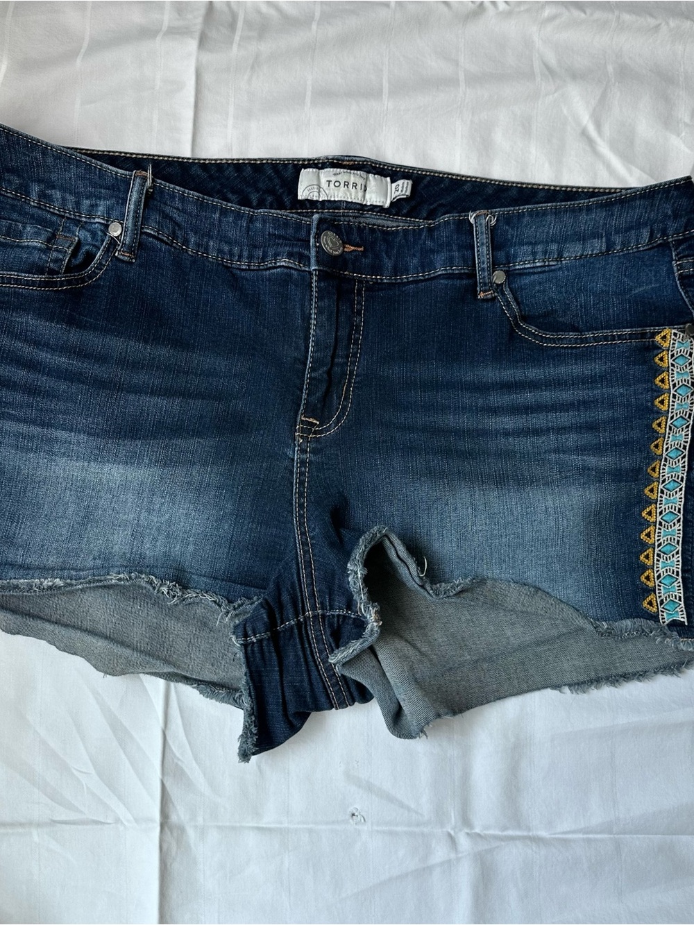torrid Dark Indigo High-Rise Denim Shorts with tribal detail